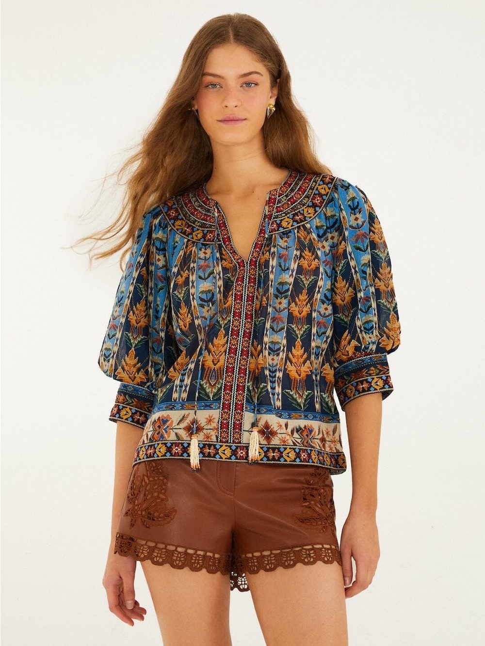 Farm Rio Blue Embroidered Tapestry Tassels
Puff Sleeve Blouse